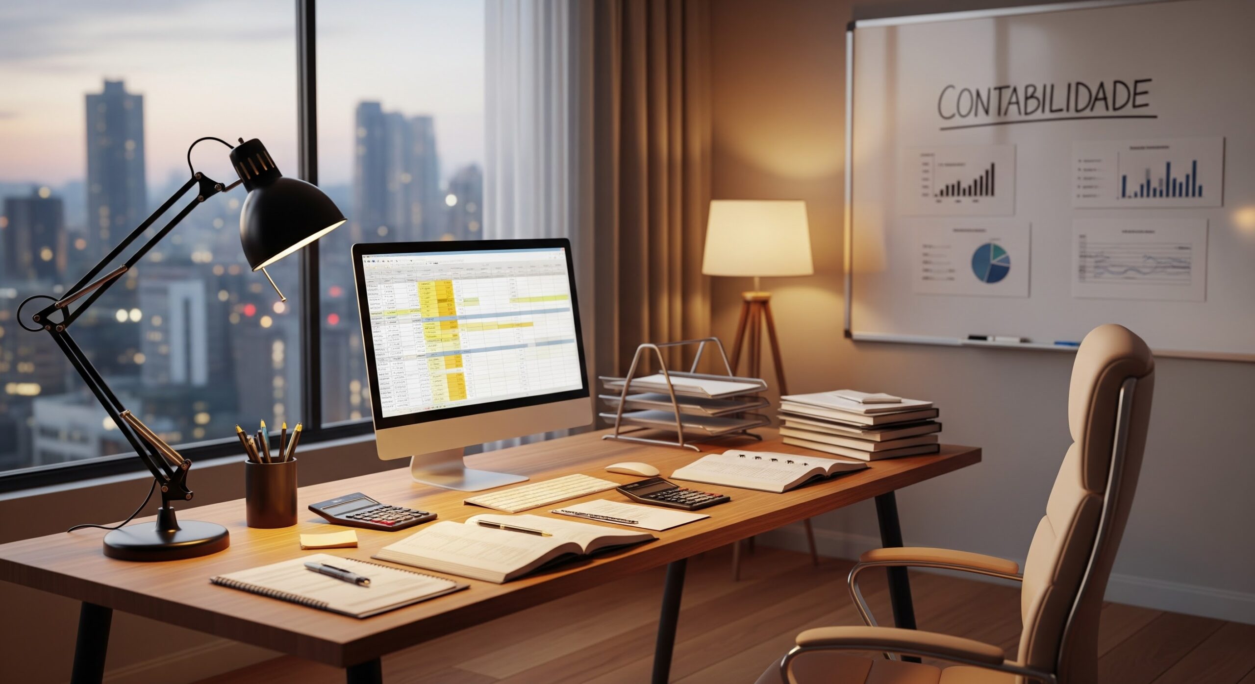 Imagem de um escritório moderno com mesa organizadada, computador, documentos e quadro branco com gráficos e a palavra 'Contabilidade' em destaque, ideal para conteúdo sobre contabilidade.