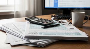 Mesa de escritório com pilhas de papéis, calculadora, óculos, caneta, monitor de computador e uma xícara de café, simbolizando organização financeira e contabilidade.